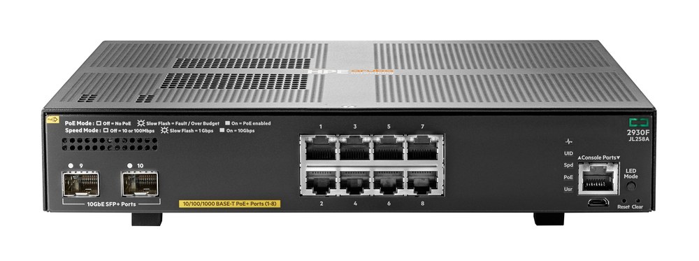 Switch Aruba 2930F 8G PoE+ 2SFP+ - 8 portas 10/100/1000 Base-T PoE+ RJ-45 + 2 slots SFP+ 1/10GbE para fibra - JL258A