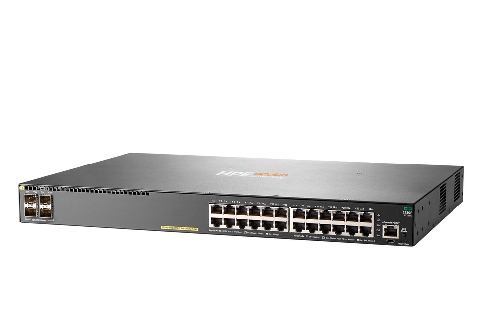 Switch Aruba 2930F 24G PoE+ 4SFP - 24 portas 10/100/1000 Base-T PoE+ RJ-45 + 4 slots SFP 1GbE para fibra - JL261A